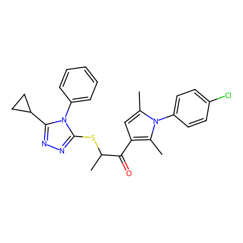 (2R)-1-[1-(4-chlorophenyl)-2,5-dimethylpyrrol-3-yl]-2-[(5-cyclopropyl-4-phenyl-1,2,4-triazol-3-yl)sulfanyl]propan-1-one structure