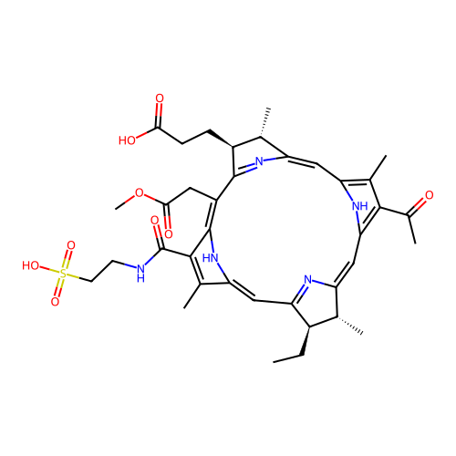 21H,23H-Porphine-7-propanoic acid, 13-acetyl-18-ethyl-7,8,17,18-tetrahydro-5-(2-methoxy-2-oxoethyl)-2,8,12,17-tetramethyl-3-[[(2-sulfoethyl)amino]carbonyl]-, (7S,8S,17R,18R)- structure