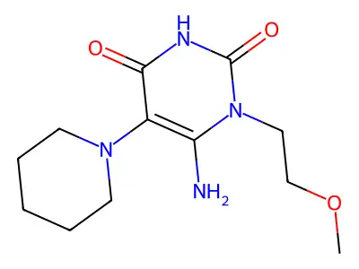 6-amino-1-(2-methoxyethyl)-5-(piperidin-1-yl)-1,2,3,4-tetrahydropyrimidine-2,4-dione structure