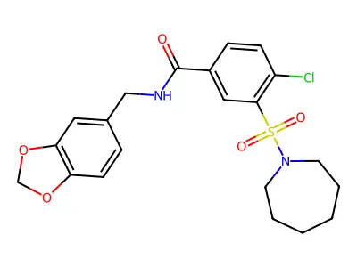 3-(azepan-1-ylsulfonyl)-N-(1,3-benzodioxol-5-ylmethyl)-4-chlorobenzamide structure