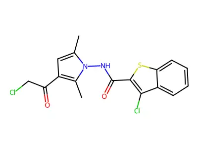 3-chloro-N-[3-(2-chloroacetyl)-2,5-dimethyl-1H-pyrrol-1-yl]-1-benzothiophene-2-carboxamide structure