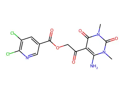 [2-(4-amino-1,3-dimethyl-2,6-dioxopyrimidin-5-yl)-2-oxoethyl] 5,6-dichloropyridine-3-carboxylate structure