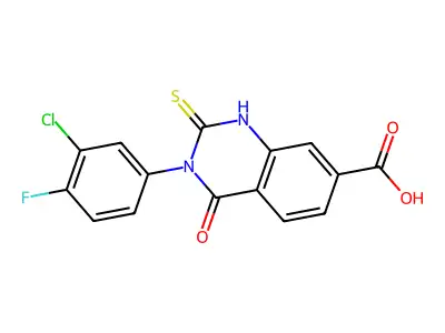 3-(3-chloro-4-fluorophenyl)-4-oxo-2-sulfanyl-3,4-dihydroquinazoline-7-carboxylic acid structure