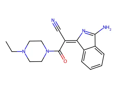 (2E)-2-(3-aminoisoindol-1-ylidene)-3-(4-ethylpiperazin-1-yl)-3-oxopropanenitrile structure
