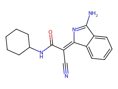 (2E)-2-(3-aminoisoindol-1-ylidene)-2-cyano-N-cyclohexylacetamide structure
