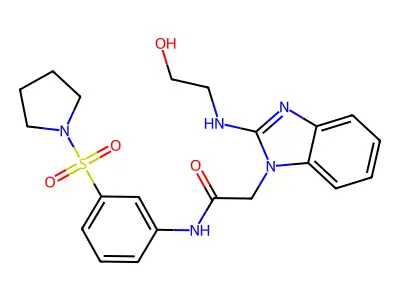 2-[2-(2-hydroxyethylamino)benzimidazol-1-yl]-N-(3-pyrrolidin-1-ylsulfonylphenyl)acetamide structure