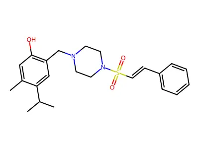 5-methyl-2-[[4-(2-phenylethenylsulfonyl)piperazin-1-yl]methyl]-4-propan-2-yl-phenol structure