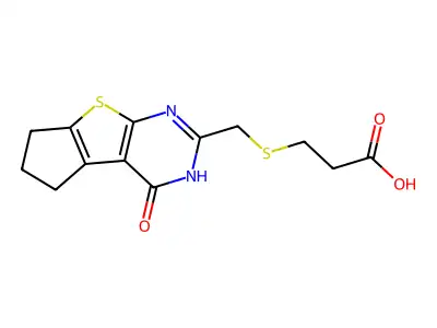 3-[({12-oxo-7-thia-9,11-diazatricyclo[6.4.0.0,2,6]dodeca-1(8),2(6),9-trien-10-yl}methyl)sulfanyl]propanoic acid structure