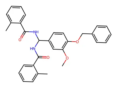 N,N'-{[4-(benzyloxy)-3-methoxyphenyl]methanediyl}bis(2-methylbenzamide) structure