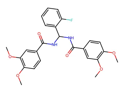 N,N'-[(2-fluorophenyl)methanediyl]bis(3,4-dimethoxybenzamide) structure