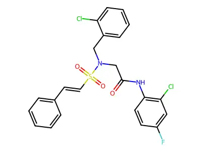 N-(2-chloro-4-fluorophenyl)-2-[(2-chlorophenyl)methyl-[(E)-2-phenylethenyl]sulfonylamino]acetamide structure