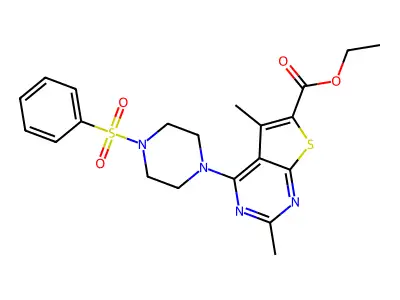 ethyl 4-[4-(benzenesulfonyl)piperazin-1-yl]-2,5-dimethylthieno[2,3-d]pyrimidine-6-carboxylate structure