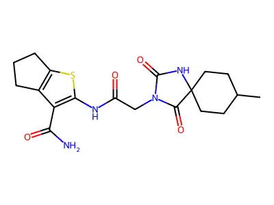 2-[[2-(8-methyl-1,3-dioxo-2,4-diazaspiro[4.5]decan-2-yl)acetyl]amino]-5,6-dihydro-4H-cyclopenta[b]thiophene-3-carboxamide structure