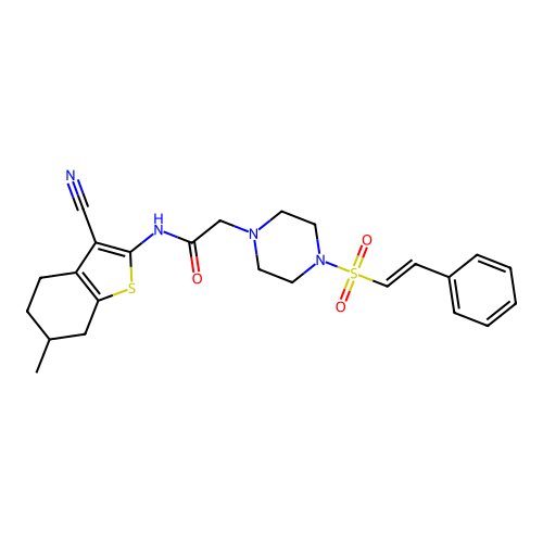 N-(3-cyano-6-methyl-4,5,6,7-tetrahydro-1-benzothiophen-2-yl)-2-[4-(2-phenylethenesulfonyl)piperazin-1-yl]acetamide structure