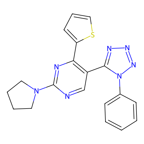 5-(1-phenyl-1H-tetraazol-5-yl)-2-(1-pyrrolidinyl)-4-(2-thienyl)pyrimidine structure