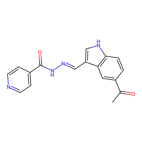 N-[(5-acetyl-1H-indol-3-yl)methylideneamino]pyridine-4-carboxamide structure