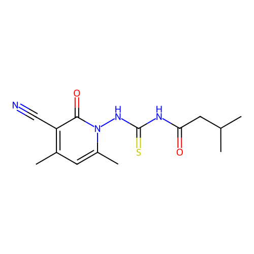 N-(3-cyano-4,6-dimethyl-2-oxo-1(2H)-pyridinyl)-N'-(3-methylbutanoyl)thiourea structure