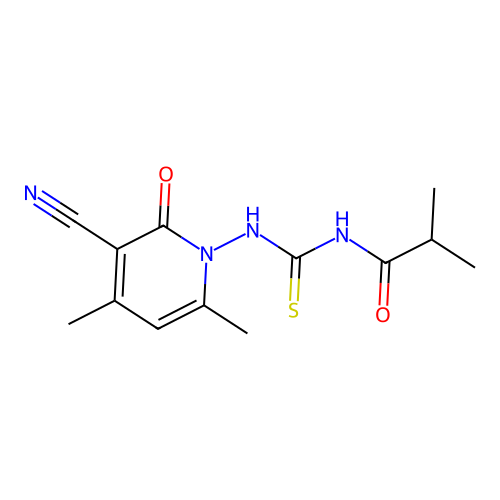 N-(3-cyano-4,6-dimethyl-2-oxo-1(2H)-pyridinyl)-N'-isobutyrylthiourea structure