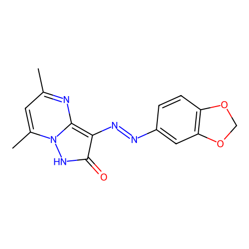 3-(1,3-benzodioxol-5-yldiazenyl)-5,7-dimethylpyrazolo[1,5-a]pyrimidin-2(1H)-one structure