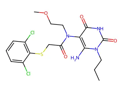 N-(6-amino-2,4-dioxo-1-propylpyrimidin-5-yl)-2-(2,6-dichlorophenyl)sulfanyl-N-(2-methoxyethyl)acetamide structure