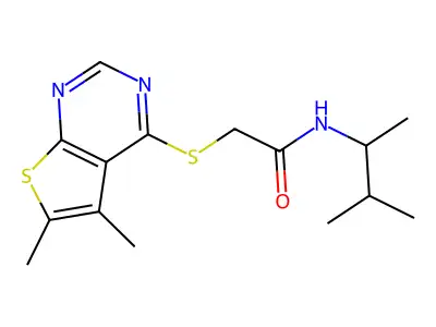 2-(5,6-dimethylthieno[2,3-d]pyrimidin-4-yl)sulfanyl-N-(3-methylbutan-2-yl)acetamide structure