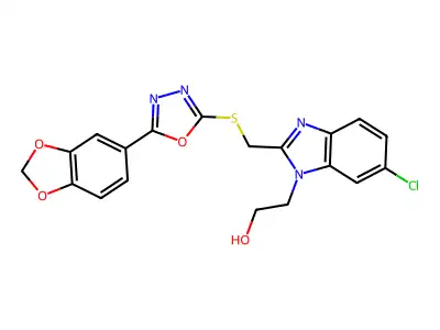 2-[2-({[5-(2H-1,3-benzodioxol-5-yl)-1,3,4-oxadiazol-2-yl]sulfanyl}methyl)-6-chloro-1H-1,3-benzodiazol-1-yl]ethan-1-ol structure