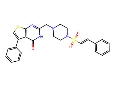 5-phenyl-2-[[4-[(E)-2-phenylethenyl]sulfonylpiperazin-1-yl]methyl]-3H-thieno[2,3-d]pyrimidin-4-one structure