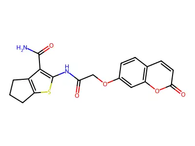 2-[[2-(2-oxochromen-7-yl)oxyacetyl]amino]-5,6-dihydro-4H-cyclopenta[b]thiophene-3-carboxamide structure
