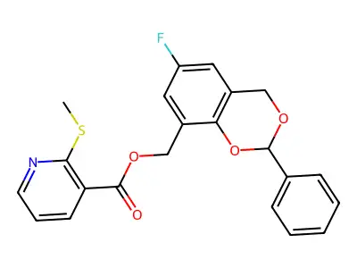 (6-Fluoro-2-phenyl-4H-benzo[d][1,3]dioxin-8-yl)methyl 2-(methylthio)nicotinate structure