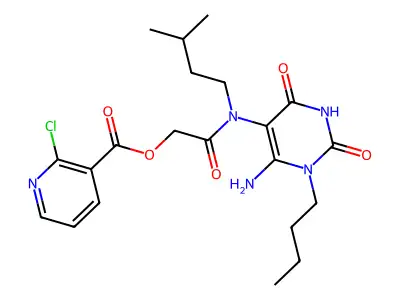 [(6-amino-1-butyl-2,4-dioxo-1,2,3,4-tetrahydropyrimidin-5-yl)(3-methylbutyl)carbamoyl]methyl 2-chloropyridine-3-carboxylate structure