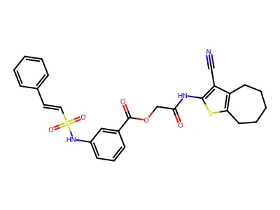 [2-[(3-cyano-5,6,7,8-tetrahydro-4H-cyclohepta[b]thiophen-2-yl)amino]-2-oxoethyl] 3-[[(E)-2-phenylethenyl]sulfonylamino]benzoate structure