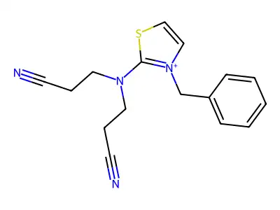 2-[Bis(2-cyanoethyl)amino]-3-(phenylmethyl)thiazolium structure