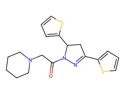 1-{2-[3,5-di(2-thienyl)-4,5-dihydro-1H-pyrazol-1-yl]-2-oxoethyl}piperidine structure