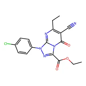 ethyl 1-(4-chlorophenyl)-6-cyano-7-ethyl-5-oxo-1,5-dihydro[1,2,4]triazolo[4,3-a]pyrimidine-3-carboxylate structure