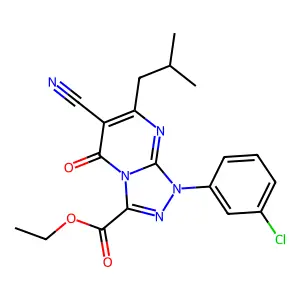 ethyl 1-(3-chlorophenyl)-6-cyano-7-isobutyl-5-oxo-1,5-dihydro[1,2,4]triazolo[4,3-a]pyrimidine-3-carboxylate structure