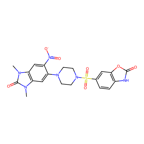6-{[4-(1,3-dimethyl-6-nitro-2-oxo-2,3-dihydro-1H-benzimidazol-5-yl)piperazin-1-yl]sulfonyl}-1,3-benzoxazol-2(3H)-one structure