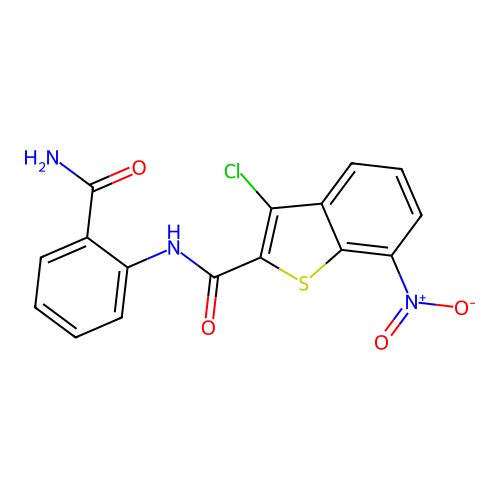 N-(2-carbamoylphenyl)-3-chloro-7-nitro-1-benzothiophene-2-carboxamide structure
