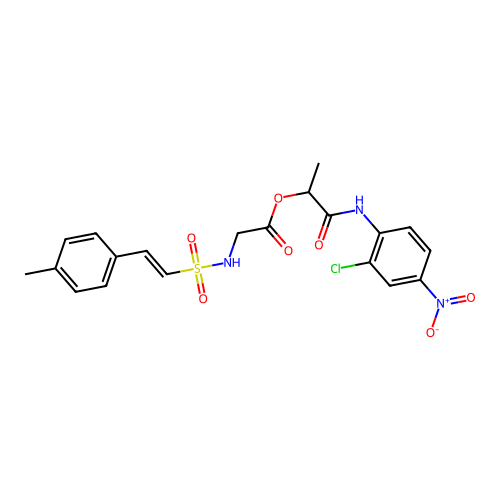 1-[(2-chloro-4-nitrophenyl)carbamoyl]ethyl 2-[2-(4-methylphenyl)ethenesulfonamido]acetate structure