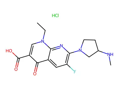 1,8-Naphthyridine-3-carboxylic acid, 1,4-dihydro-1-ethyl-6-fluoro-7-(3-(methylamino)-1-pyrrolidinyl)-4-oxo-, monohydrochloride structure