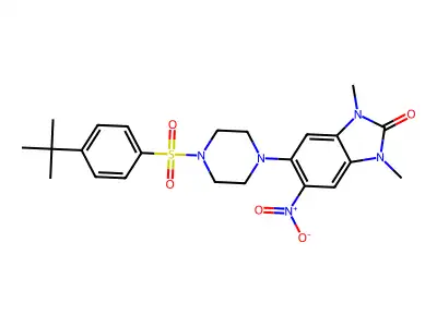 5-[4-(4-tert-butylphenyl)sulfonylpiperazin-1-yl]-1,3-dimethyl-6-nitrobenzimidazol-2-one structure