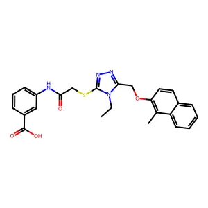 3-({[(4-ethyl-5-{[(1-methylnaphthalen-2-yl)oxy]methyl}-4H-1,2,4-triazol-3-yl)sulfanyl]acetyl}amino)benzoic acid structure