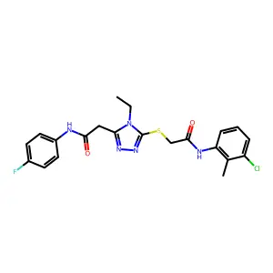 2-[5-({2-[(3-chloro-2-methylphenyl)amino]-2-oxoethyl}sulfanyl)-4-ethyl-4H-1,2,4-triazol-3-yl]-N-(4-fluorophenyl)acetamide structure