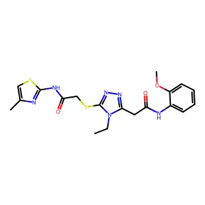 2-[(4-ethyl-5-{2-[(2-methoxyphenyl)amino]-2-oxoethyl}-4H-1,2,4-triazol-3-yl)sulfanyl]-N-(4-methyl-1,3-thiazol-2-yl)acetamide structure