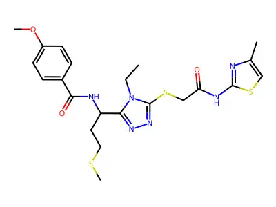 N-{1-[4-ethyl-5-({2-[(4-methyl-1,3-thiazol-2-yl)amino]-2-oxoethyl}sulfanyl)-4H-1,2,4-triazol-3-yl]-3-(methylsulfanyl)propyl}-4-methoxybenzamide structure