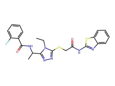 N-[1-(5-{[2-(1,3-benzothiazol-2-ylamino)-2-oxoethyl]sulfanyl}-4-ethyl-4H-1,2,4-triazol-3-yl)ethyl]-2-fluorobenzamide structure