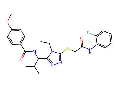 N-{1-[4-ethyl-5-({2-[(2-fluorophenyl)amino]-2-oxoethyl}sulfanyl)-4H-1,2,4-triazol-3-yl]-2-methylpropyl}-4-methoxybenzamide structure
