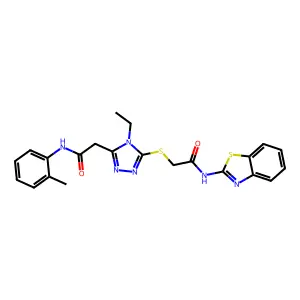 2-(5-{[2-(1,3-benzothiazol-2-ylamino)-2-oxoethyl]sulfanyl}-4-ethyl-4H-1,2,4-triazol-3-yl)-N-(2-methylphenyl)acetamide structure