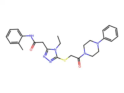 2-(4-ethyl-5-{[2-oxo-2-(4-phenylpiperazin-1-yl)ethyl]sulfanyl}-4H-1,2,4-triazol-3-yl)-N-(2-methylphenyl)acetamide structure