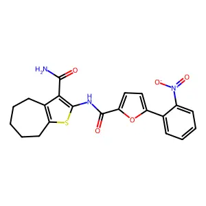 N-(3-carbamoyl-5,6,7,8-tetrahydro-4H-cyclohepta[b]thiophen-2-yl)-5-(2-nitrophenyl)furan-2-carboxamide structure