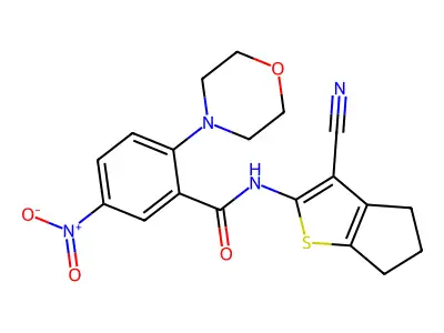 N-(3-cyano-5,6-dihydro-4H-cyclopenta[b]thiophen-2-yl)-2-morpholin-4-yl-5-nitrobenzamide structure